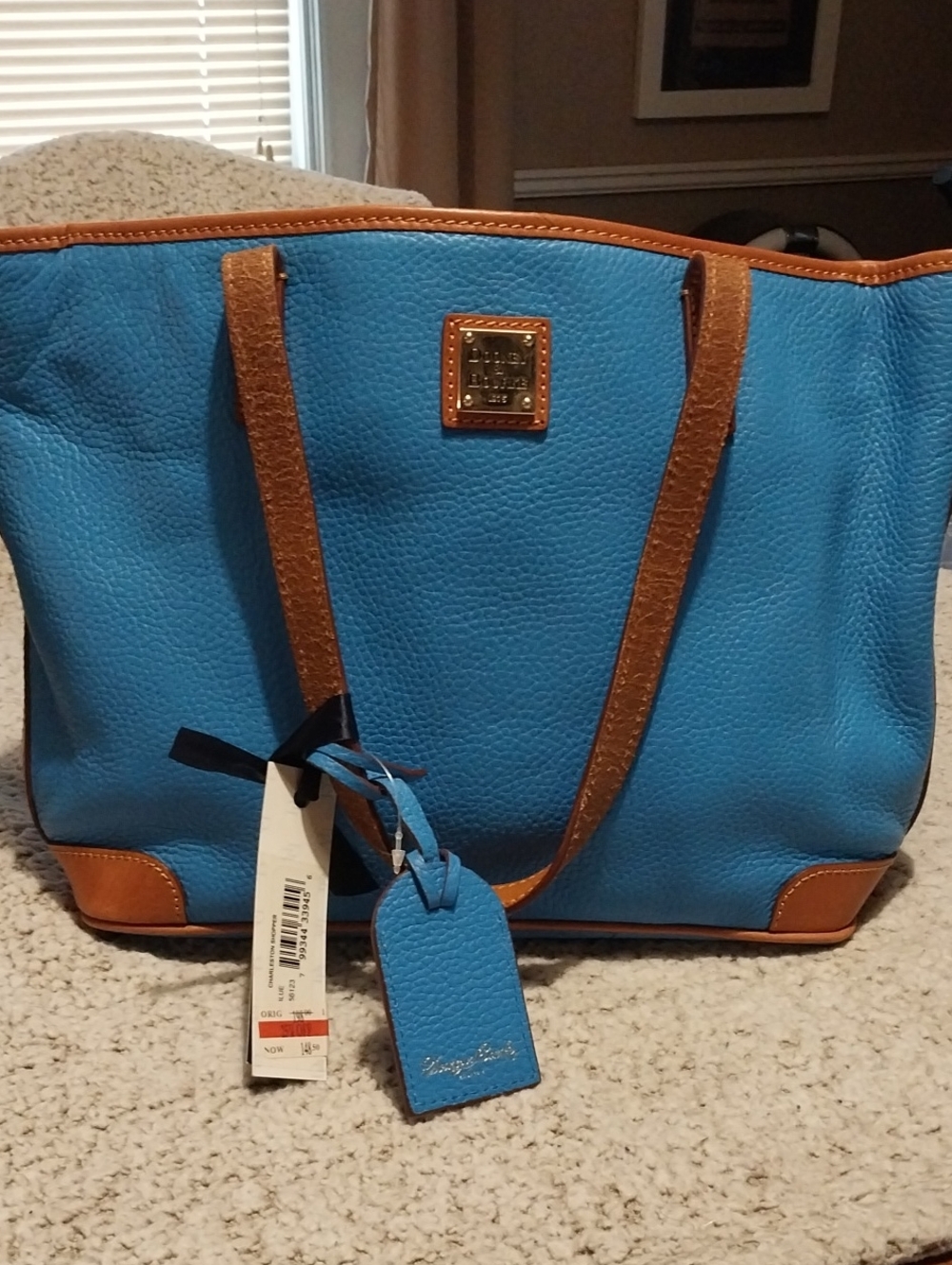 Dooney & Bourke Turquoise Pebble Leather Tote with Tan Trim
